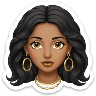 Attractive middle eastern woman with a wide face, baddie look, dark skin, Long wavy black hair and gold hoop earrings sticker