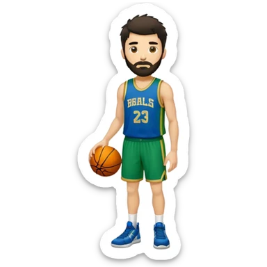 Full Body  white male basketball player with short shaggy dark hair and gold tee beard wearing blue and green uniform sticker