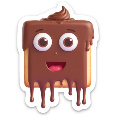 Rectangular chocolate mini pastry, slightly messy and squished, chocolate dripping, big round eyes, wide open mouth, playful surprised expression, text above: "ПАСТИЧКА", chibi style, Twitch emoji style, transparent background, colorful

 sticker