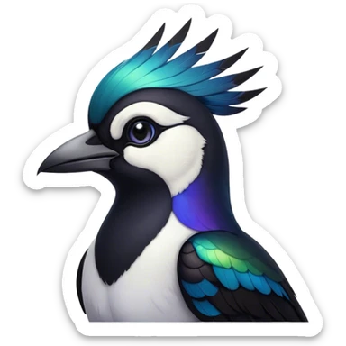 Cinematic Noble Magpie Portrait Emoji, Poised and sleek, with striking, iridescent black and white plumage, a sharp, inquisitive beak, and intense, observant eyes, Simplified yet sharp and sophisticated features, highly detailed, glowing with a soft, urban gleam, high shine, intelligent and graceful, stylized with an air of mischievous charm, focused and alert, soft glowing outline, capturing the essence of a watchful and confident magpie that appears ready to dart out of the screen with effortless authority! sticker