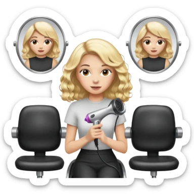 joven mujer en la peluquería usando secador de cabello, fondo con sillas y espejos, estilo emoji apple sticker