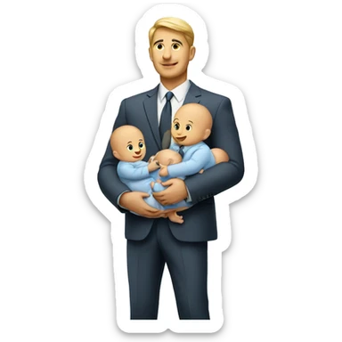 A businessman holding two babies, one in each arm.  sticker