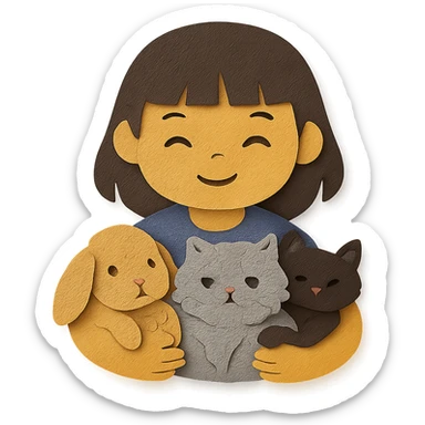 brunette chinita girl holding a brown holland lop rabbit, gray persian cat, and black kitten in paper-craft style sticker