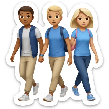 iOS emoji style - a men and 2 women in casual clothes and wearing trainers - friends walking quickly together

 sticker