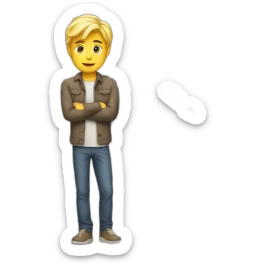 A blond guy stands next to a broken car sticker