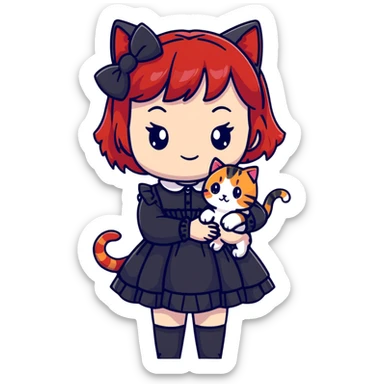 Girl with black and red-tipped hair in black Lolita dress with tabby cat sticker