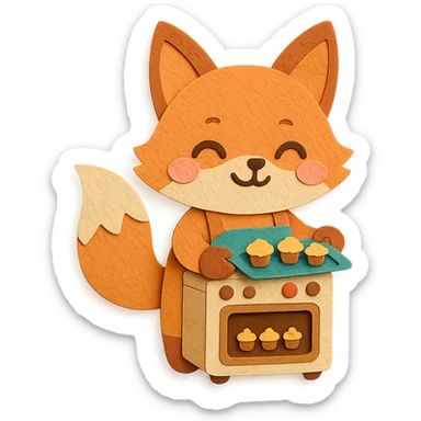 chibi electric oven-fox hybrid, baking mini cupcakes, happy face, soft warm colors, full-body sticker