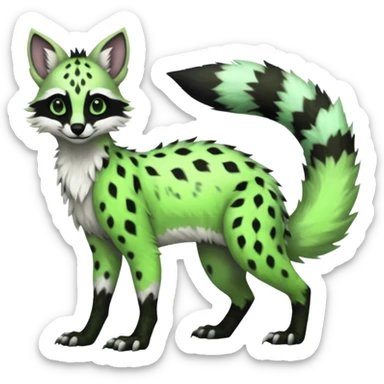 Feral Rare Fantasy   neon-green fur with obsidian-onyx-black points and snowy-white belly  Vernid-Sergal-Genet-Trico-species by LiLaiRa, random markings, tufted tail, tufted ears, full body sticker