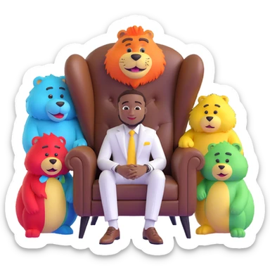 cartoon emoji of Davido sitting in a brown leather chair, wearing a white suit, with a desert background and four colorful furry characters (green, red, blue, yellow) behind him, inspired by the 'WITH YOU' album cover, confident and expressive sticker
