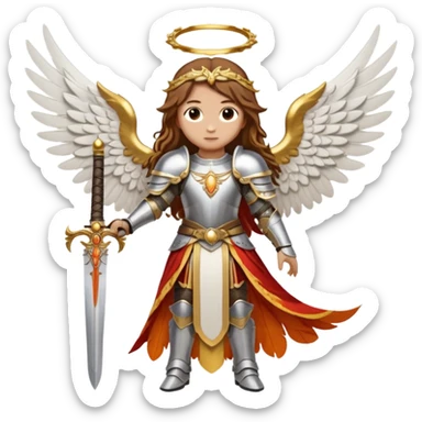  The angel has long brown hair surrounded by a golden halo and large white-and-orange feathered wings, wearing ornate silver armor with gold accents and a red sash. In its right hand it grips a white sword upright, while its left hand rests near the hilt of another weapon at its sid  sticker
