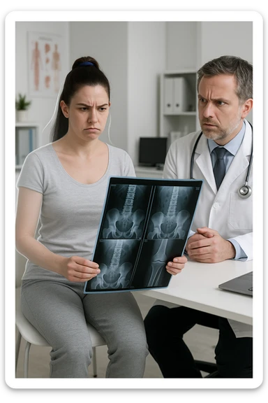 a person sits in a doctor’s office, holding medical imaging results (like X-rays or MRI scans) that appear normal. However, a subtle shadow or ghosted outline around their body reveals postural asymmetries—such as uneven shoulders or hips—that are not visible in the scans. The doctor looks puzzled, while the patient appears frustrated. sticker