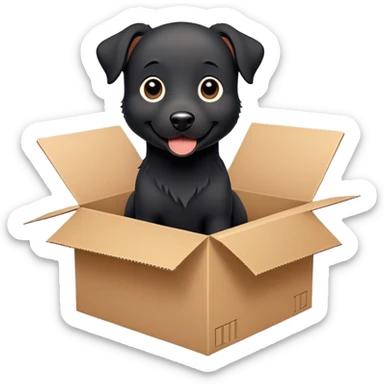  A very cute  young happy black dog with one's head tilted to one side poked its paws out of the cardboard big box and placed them on top of it sticker
