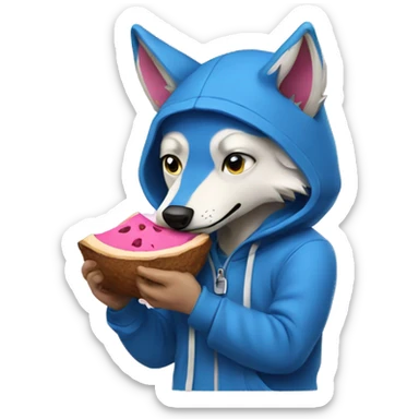 Pink wolf wearing blue hoodie and eat tree sticker