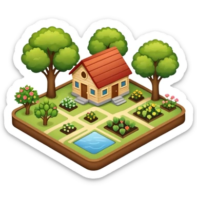 An icon featuring a local map, symbolizing local gardening. The design includes a different trees, and 1 tiny wooden house, shrubs, beds. Transparent background sticker