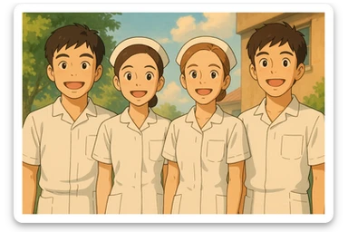 quatre étudiants infirmiers debout côte à côte, ambiance chaleureuse et conviviale, tenues blanches complètes à manches courtes, bras dégagés, sans stéthoscope, style Ghibli, traits inspirés des quatre visages des photos jointes, amical et lumineux sticker