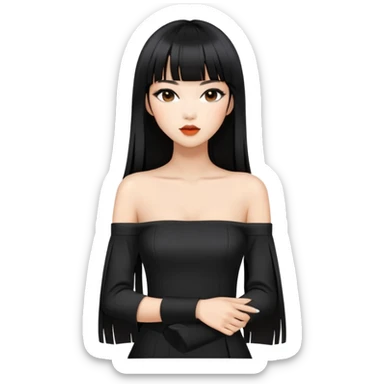 fashionable woman with Asian skin tone, long straight black hair with straight bangs, black off-shoulder outfit, and stylish makeup sticker