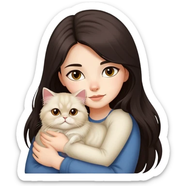 A pretty girl with long dark hair is hugging her one light hair persian cat. sticker
