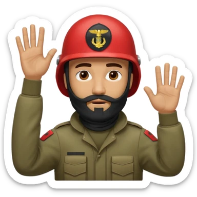 surrenders, depicts an Iraqi soldier from 1980, with a beard, in a helmet, with a balaclava, with a sad face and raised hands sticker