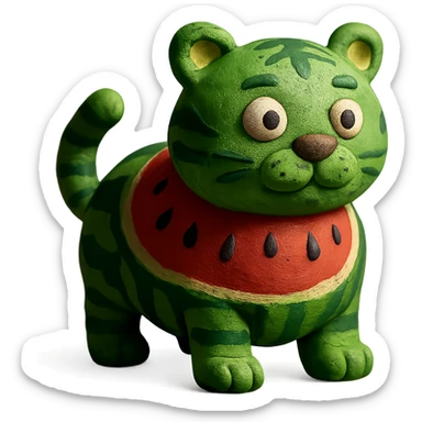 claymation style green tiger with watermelon body sticker