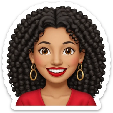 40 yr old peruvian woman, very curly long black hair, red lipstick, big smile, white teeth, brown eyes, hoop earings, side part to hair, round face sticker