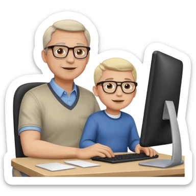 Middle aged man with glasses working at his desk, with his child sitting behind him on the headrest of his chair looking at his computer sticker