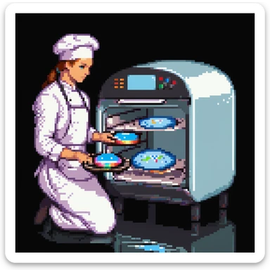 Ein futuristischer Bäcker mit holografischen Zutaten, Laserpräzision und einem Ofen, der mit Lichtstrahlen arbeitet. Interface wirkt wie Glas mit Lichtreflexen, Buttons wie Touchpads mit haptischem Feedback. sticker