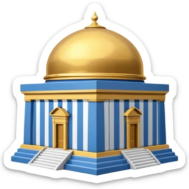 cubic temple with blue horizontal stipes on the side and a golden dome on top. The temple has no pillars and the dome has now spiral on top sticker