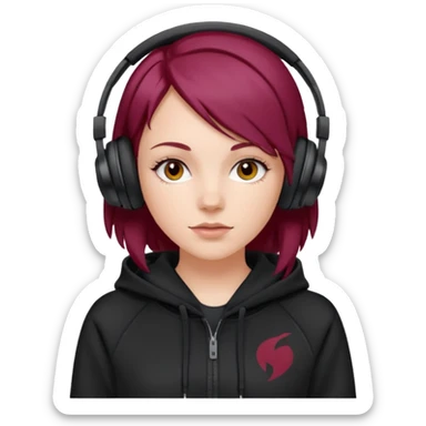 white girl with burgundy hair, black deportive hoodie and black headphones sticker