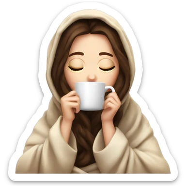 White girl brunette inside a blanket sipping coffee eyes closed sticker