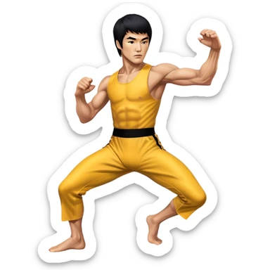 Cinematic Realistic portrait of Bruce Lee, shown as a legendary martial artist in a dynamic, powerful pose with modern athletic attire and finely detailed muscle definition, rendered in dramatic action lighting sticker