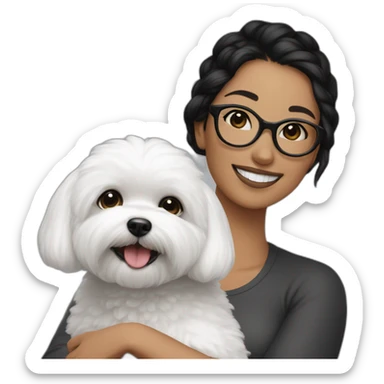 woman-black hair-bun-with glasses-with bichon dog-white-smile sticker