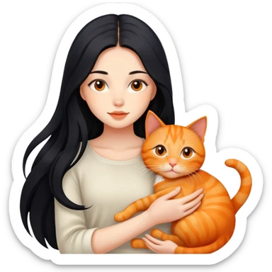 beautiful girl with flowing long black hair holding a cute orange ginger cat sticker
