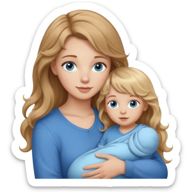 young woman with long straight light brown hair, side bangs, and blue eyes. She is holding a 1 year old baby girl with blond curly hair and blue eyes  sticker