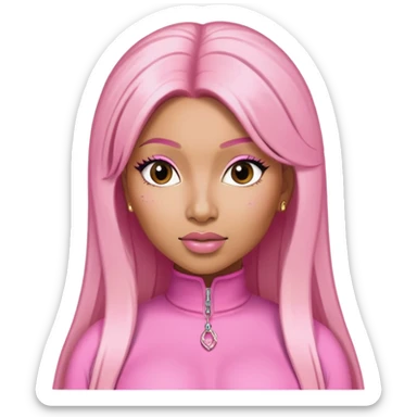 Nicki Minaj wearing a pink outfit with blonde and pink hair sticker