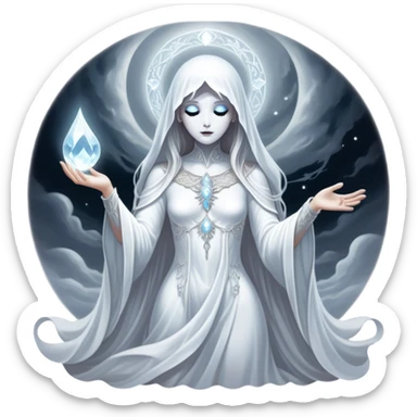 Cinematic, Ultra realistic 32k HD, Breathtaking piece of art, rim lighting, hauntingly beautiful art, mostly greyscale, Balanced features, highly detailed digital artwork, glowing with silver light, glowing, high shine, deviant adoptable, highly detailed clothing, remembrance, a painting of white silver, fanciful, enchanting, ghostly, embodying the essence of both reality and fantasy, dreamy, dreamy glow, optical illusion, immaculate composition, complex pose, air composition. The image is so lifelike that it feels as though it could leap off the canvas at any moment sticker