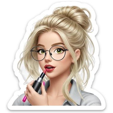 blonde girl applying lipstick sticker