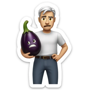An angry man holds an eggplant in his hands sticker