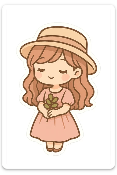 A cute and minimalist sticker of a girl with a beige hat, elegant and girly mood, color palette includes pink, beige, and green. sticker
