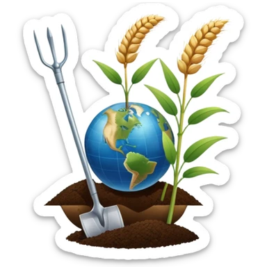 An icon featuring a wheat stalk, a spade, and a soil sample, symbolizing agronomy. The design includes a globe, a plant growing, and scientific tools, representing the study of crops, soil, and agricultural practices. Transparent background highlights sustainable farming and agricultural science. sticker