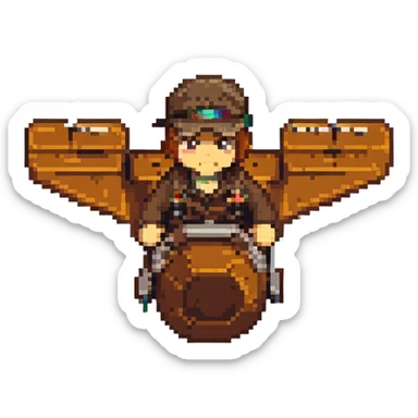 brown male wearing a hat sitting on an aircraft, pixel art style sticker