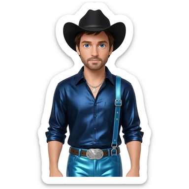Jake Gyllenhaal with blue eyes, dark brown hair, black cowboy hat, dark blue metallic shirt, periwinkle blue metallic baggy pants, silver necklace sticker