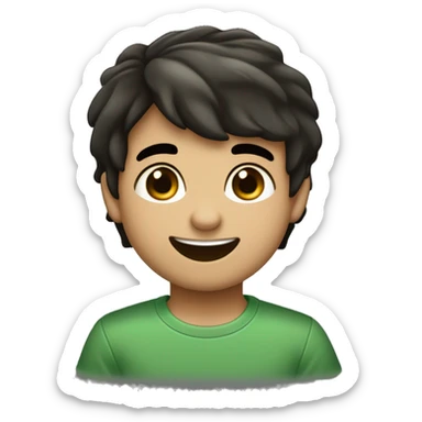 Cara de un niño blanco con nariz respingada, ojos grandes cafe oscuro, pestañas negras cejas pobladas. Pelo negro liso corto de un lado. Sonrisa amable camisa verde sticker