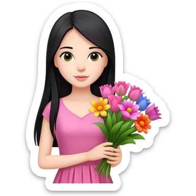 Beautiful girl with long straight black hair, fair skin, wearing pink dress, holding a bouquet of colorful flowers sticker