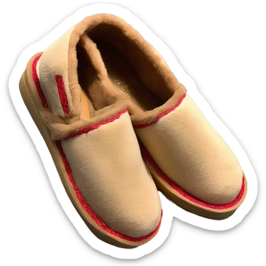 Camel colored thick platform slip-on UGG slippers. has a thin red woven zig-zag trim detail on the cuff sticker