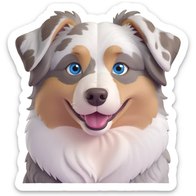 smiling Australian Shepherd dog, close-up face, one blue eye, one brown eye, fluffy merle fur, cute sticker