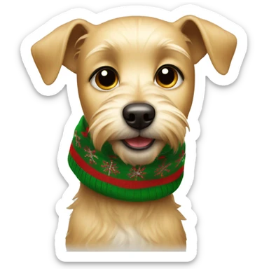 All blonde small terrier dog with floppy ears wearing Christmas scarf sticker