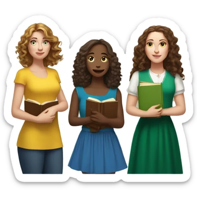 3 white women, one has long brown curly hair and a dress holding books, one medium height with brown long wavy hair and green skirt and yellow top, one medium height with medium length brown wavy hair with a blue dress holding a kindle sticker