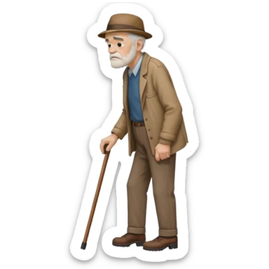 Old man leaning on a walking cane and holding his crancky back with his hand, grumpy face, detailed. Side view with the man going right sticker