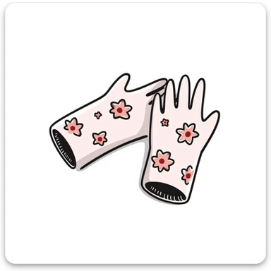 Garden gloves with floral pattern in pastel colors (dd9fb0, ffc6d3, a3bfc9, c4bee2, f1b091), hand-drawn doodle style sticker