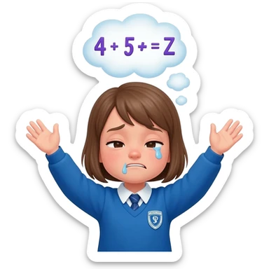 primary school girl looking sad thinking about Maths (thought bubble with maths symbols inside) wearing a blue uniform with a river primary school badge. Arms in the air big smile on face sticker